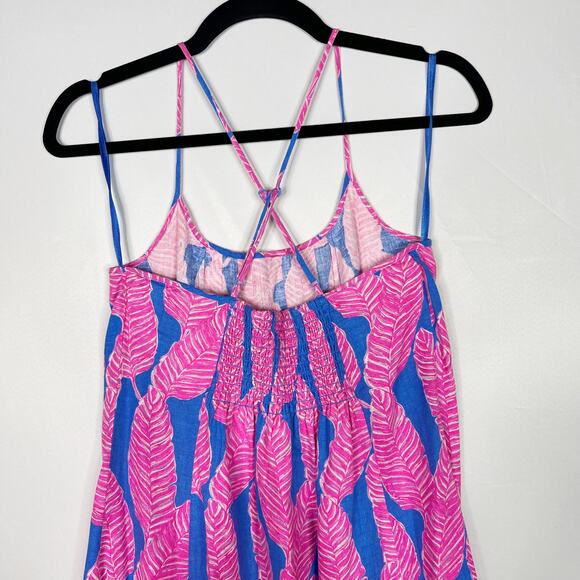 Vineyard Vines Size 00 Pink Blue Palm Print Maxi Dress Cross Strap Linen Blend - Picture 6 of 11